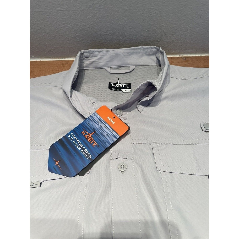 Habit Mens L Crayfish Creek River Short Sleeve Vented Shirt Grey Micro Chip NWT